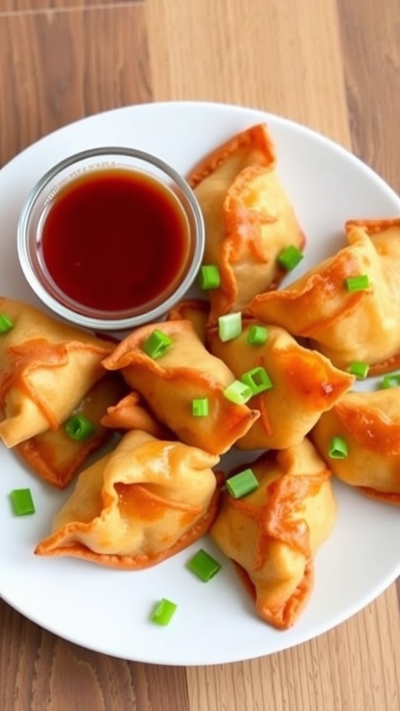 Crispy air fryer wontons served with sweet and sour sauce, garnished with green onions on a wooden table.